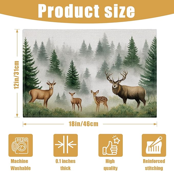 Misty Forest Deer Placemats Set of 6, Watercolor Tree Linen Place Mat Washable Stain Resistant Table Mats for Kitchen Dining Holiday Party 12x18 Inch