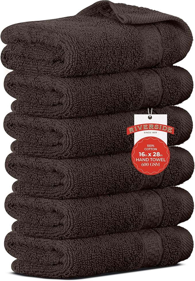 RIVERSIDE 6 Pack Premium Hand Towels Set, 16x28 inches, 100% Ring Spun Cotton, 600 GSM, Soft, Quick Dry and Highly Absorbent, Towels for Bathroom, Kitchen, Gym, Spa - Coffee Brown