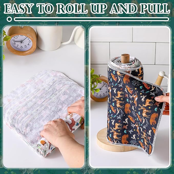 Redbaker 30 Pcs Reusable Paper Towel Paperless Towel with Cardboard Roll Reusable Cloth Paper Napkins for Kitchen Washable Napkins Fit on All Holder Roll Home Household Clean(Animal,10 x 12 in)