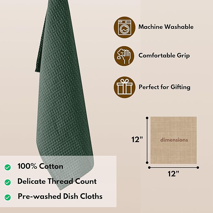 Native Fab 6 Pack Waffle Dish Cloths - 100% Cotton, Absorbent, Quick Drying & Soft Towels for Cleaning, Cooking & Baking - Ideal for Home, Restaurants & Cafes - 12x12 Inches - Olive Green