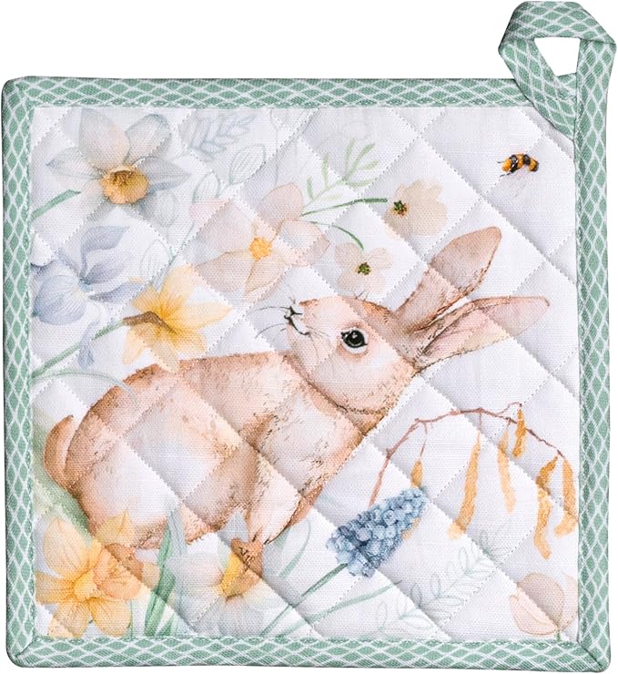 Maison d' Hermine Pot Holders 100% Cotton Heat Resistant Potholders 8" x 8" Hot Pads with Loop BBQ Cooking Baking Gifts for Mothers Day Handling Hot Pans Spring/Summer (Pack of 1, Easter Dew)