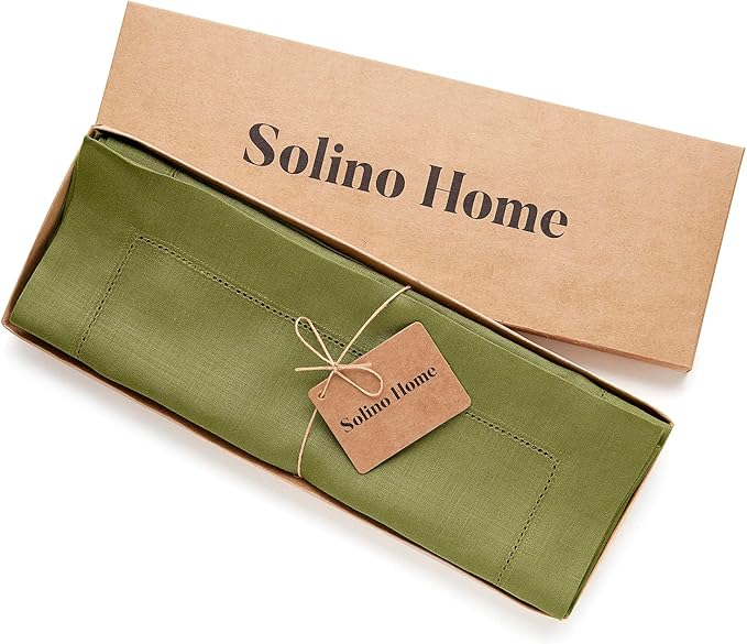 Solino Home Linen Placemats Set of 4 - Classic Hemstitch Avocado Green Placemats 14 x 19 Inch - 100% Pure Linen Table Mats for Spring, Summer, Mothers Day