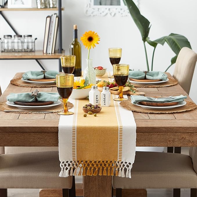 DII Dobby Stripe Woven Table Runner, 13x72, Honey Gold