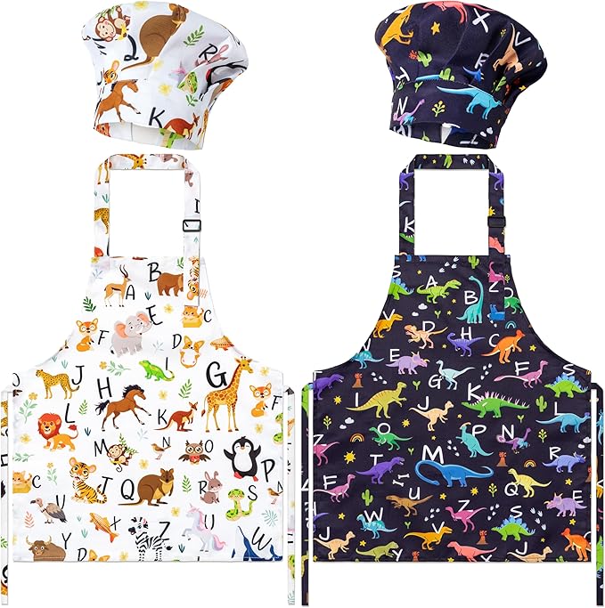 GROBRO7 4Pcs Kids Apron and Chef Hat Set Gift for Girls Boys, Animal Alphabet Word Adjustable Kitchen Beginner Toddler Aprons with 2 Pockets Waterproof Smocks for Baking Cooking Painting Crafting