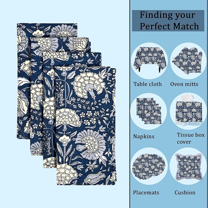 Ridhi Midnight Marigold Garden Hand Block Print 100% Cotton Napkins 18" x 18" (Set of 4) Reuseable Kitchen Napkins Cloth Decor Dinner Party Cocktail Gift for Spring, Easter, Valentine
