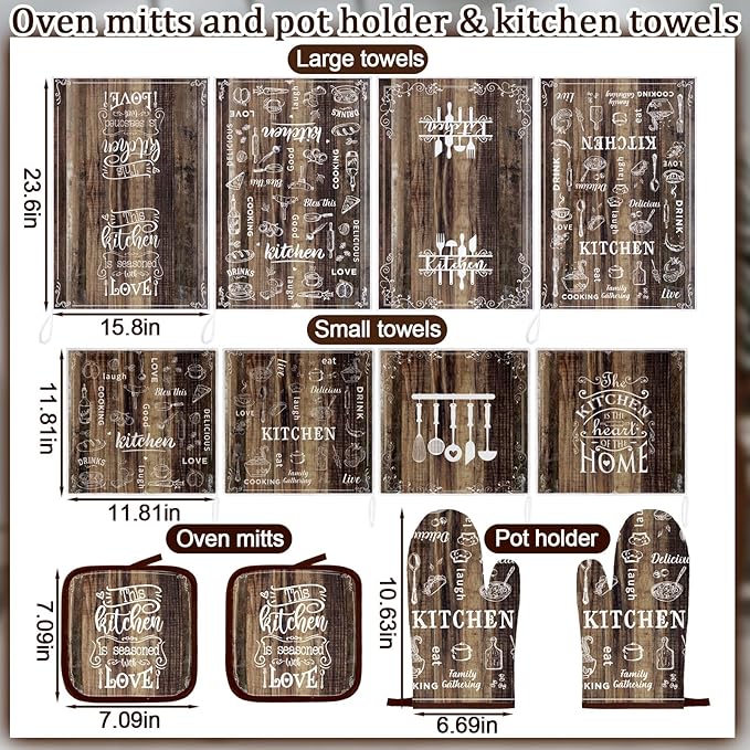 12 Pcs Farmhouse Kitchen Oven Mitts and Pot Holders Decor Sets 4 Wood Kitchen Hand Towels 4 Absorbent Dishcloths 2 Pot Holders 2 Oven Mitts Glove for Home Decorations Mom Baking Cooking Grilling Gift