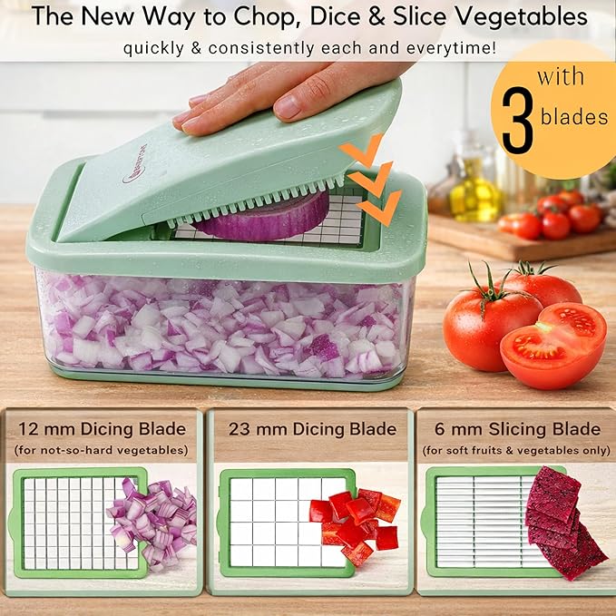 Brieftons QuickPush Food Chopper: Vegetable Dicer Slicer, Onion Cutter, 3 Extra-Large Blades with 200% More Cutting Area to Chop Dice Slice Vegetables, 2.6-Quart Container