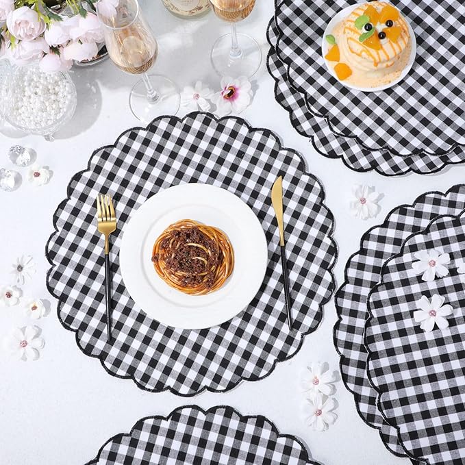 Set of 6 Round Placemats 15 Inch Cotton Scalloped Embroidery Placemat Washable Double Layered Rustic Dinner Table Mat Decor Fabric for Hotel Restaurant Kitchen(Black,Plaid)