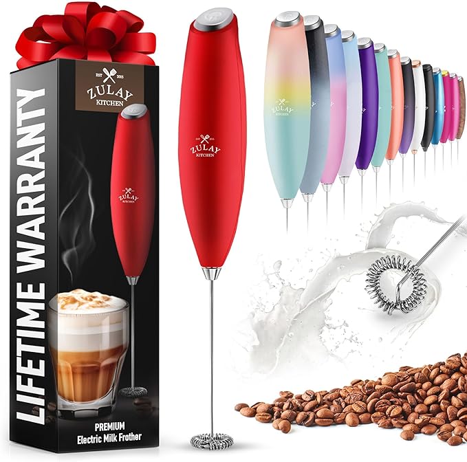 Zulay Powerful Milk Frother for Coffee with Upgraded Titanium Motor - Handheld Electric Whisk, Milk Foamer, Mini Mixer & Coffee Blender for Frappe, Latte, Matcha, No Stand - Red