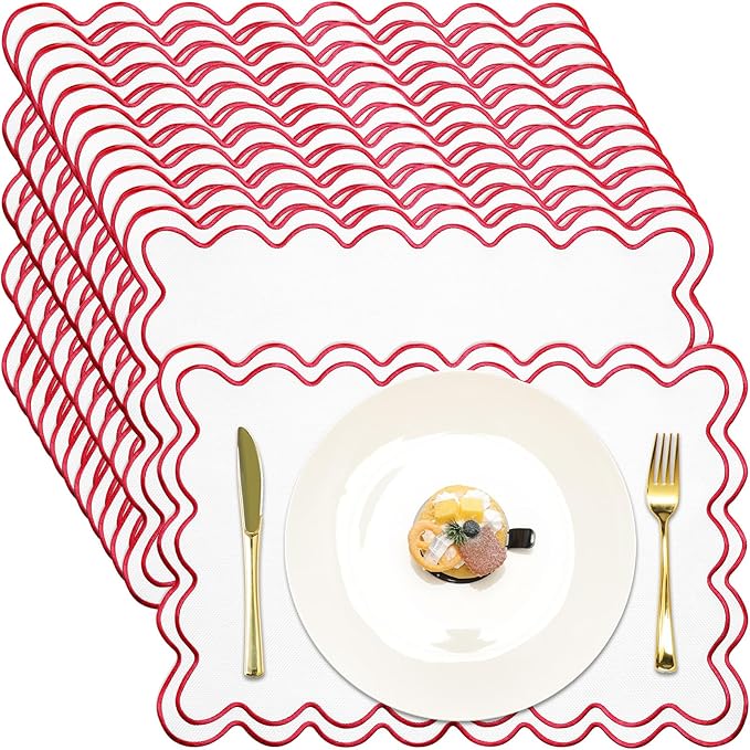 Linen Placemats Set of 12 Scalloped Placemat 13 X19 Wavy Embroidery Double Layered Washable Farmhouse Dinner Fabric Table Mat Napkin for Wedding Party Christmas Hotel Restaurant(White&red)