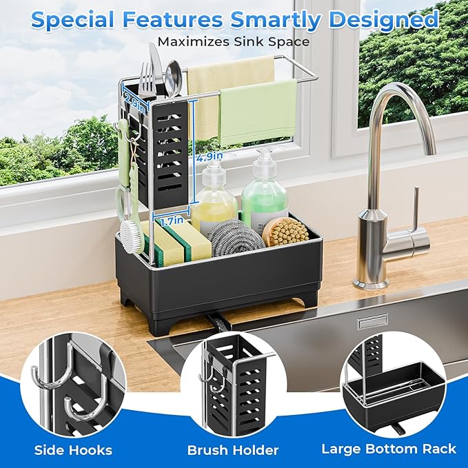 Kitchen Sink Caddy with Stainless Steel Towel Holder, Handy Sponge Holder for Kitchen Sink with Extending Drain Spout, No-Tool Assembly Space Saver for sink Countertop Accessories(Black)