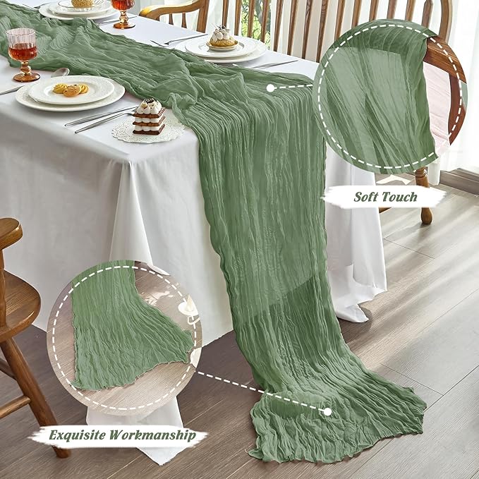 IVAPUPU 10 Pcs Cheesecloth Table Runner - 10ft Sage Green Spring Boho Gauze Cheese Cloth Table Runners for Baby Shower Decorations Wedding Party Garden Farmhouse