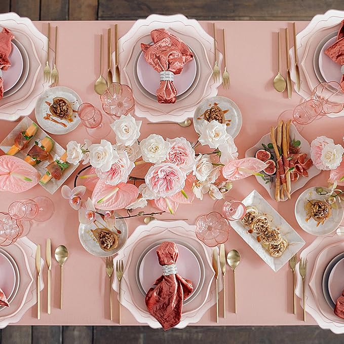 4 Sets Ribbon Twirl Cotton Linen Placemats, 15 inch Embroidery Round Cloth Table Mats with Pink Scalloped Edge Washable Fabric Place Mats Flower Shape for Wedding Baby Shower Party Table Decor
