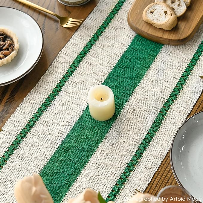 Artoid Mode Dark Green Farmhouse Woven Rustic Table Runner, Seasonal Holiday Hollow Kitchen Dining Table Decoration for Home Party Decor 12x72 Inch