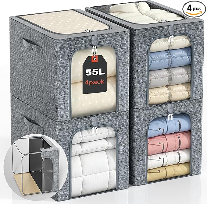 GoMaihe Clothes Storage Bins Metal Frame: 55L Extra Large Stackable Closet Storage Bin with Lid & Clear Window, Heavy Duty Blanket Box for Winter Coats Comforters (Fits Deep Closet 4-Pack)