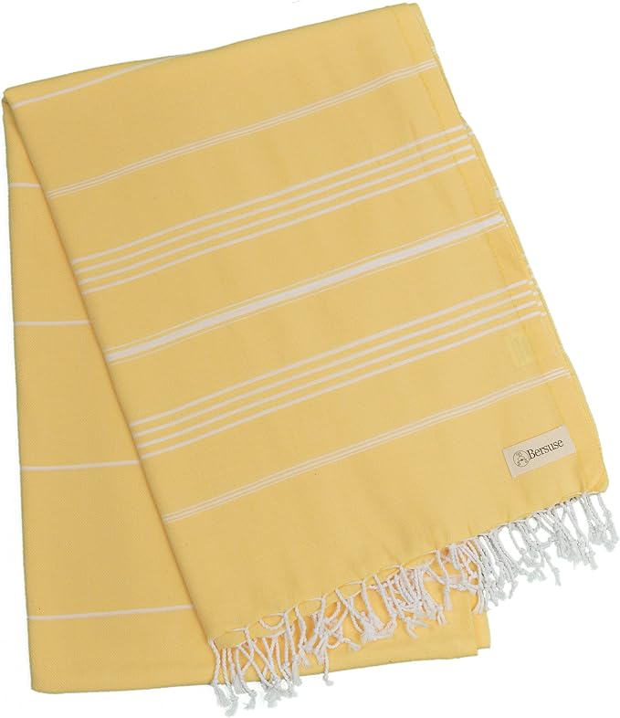 Bersuse Towels Anatolia XL Beach Blanket Throw Blanket Turkish Towel 100% Cotton Extra-Large Quick-Dry Lightweight Premium Peshtemal Towel - 61x82 Inches, Yellow (Set of 3)