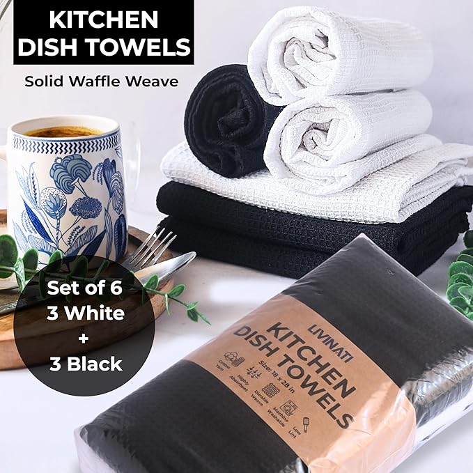 Highly Absorbent Cotton Dish Towels for Drying - Set of 3+3 - Black + White - 18"X28" Lint Free Waffle Weave Cloth Linen Hand Bathroom Bulk Dishtowels