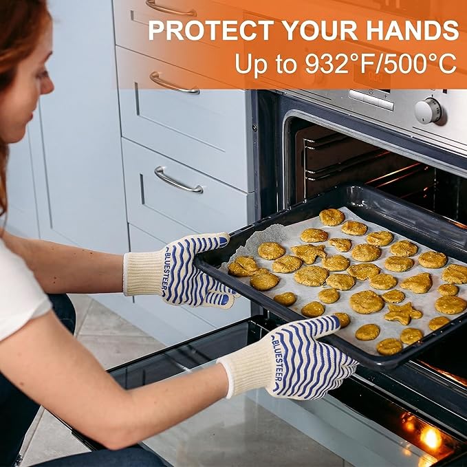 Oven Gloves 932°F Heat Resistant Oven Mitts with Fingers, Heat Proof BBQ Grill Gloves Silicone Grip Fireproof Gloves for Kitchen Cooking Grilling Baking
