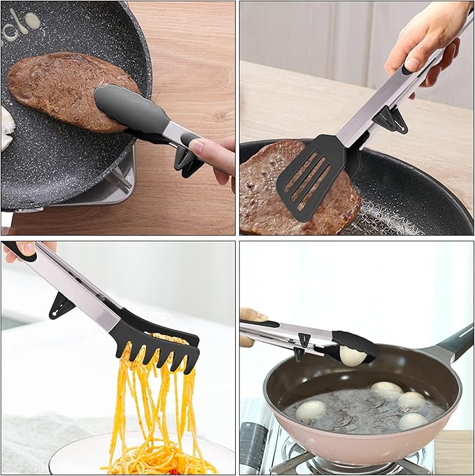 4in1 Stainless Steel Kitchen Food Tongs Set for Cooking with Silicone Tips, Toaster Steak Pie Pizza Pasta Spaghetti Noodles Salad Fruit Vegetable Grill BBQ Buffet Clamp Serving Tools Gadgets