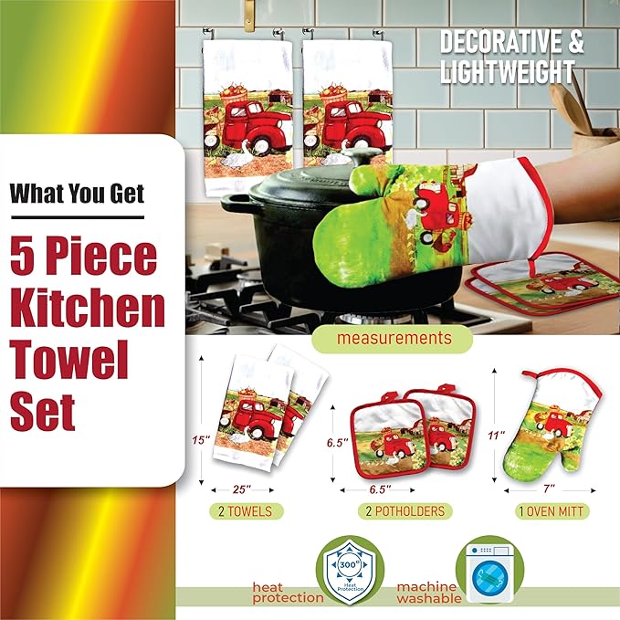 Lobyn Value Packs: 5 Piece Kitchen Towel Set with Vintage Red Truck Design, 2 Decorative Dish Towels (25 X15), 1 Oven Mitt (11 X 7) and 2 Potholders (6.5 X 6.5) for Countryside Elegance
