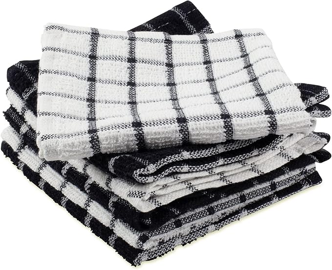 DII Basic Terry Collection Windowpane Dishcloth Set, 12x12, Black, 6 Piece