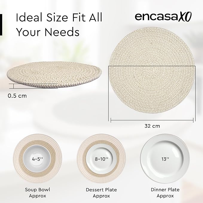 Encasa XO Dining Placemats Set of 6 | Cotton Round Table Mat - 13 in Diameter | Beige Mix Combo | Handmade Rib Style Chargers for Dinner Plates