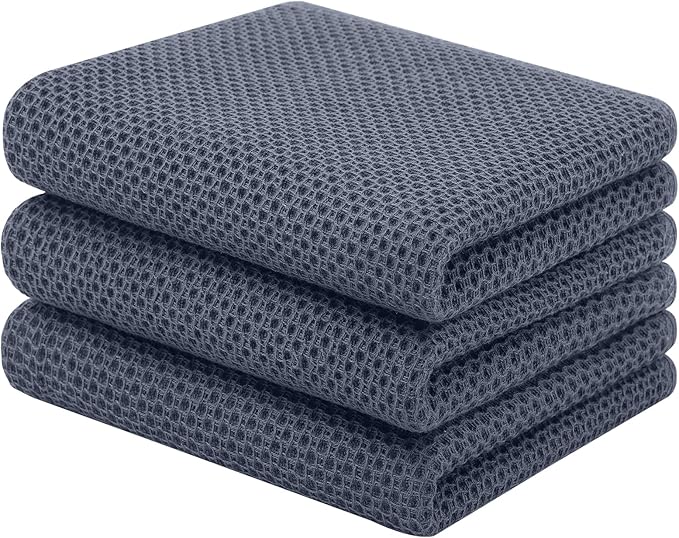 Homaxy 100% Cotton Waffle Weave Kitchen Towels, 3-Pack Ultra Soft Absorbent Dish Towels, Quick Drying Cleaning Towels, 13 x 28 Inches, Dark Grey