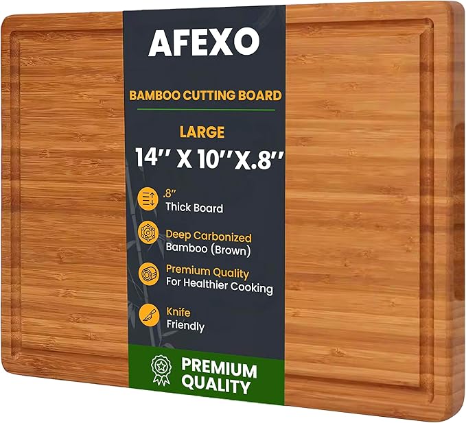 Bamboo Cutting Board for kitchen – .8" Thick Wood Chopping Board with Juice Groove and inner handle. Charcuterie & Butcher Block for Meat, Vegetables & Cheese, Brown (14"x10")