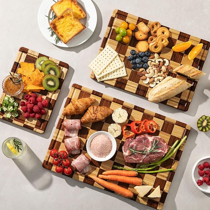 3 Pack Checkered Bamboo Cutting Board Set, Decorative End Grain Thick Wood Cutting Board, Crack-Resistant, Heavy Duty Non-slip Chopping Boards, Aesthetic Serving Trays for Home Decor, Gift