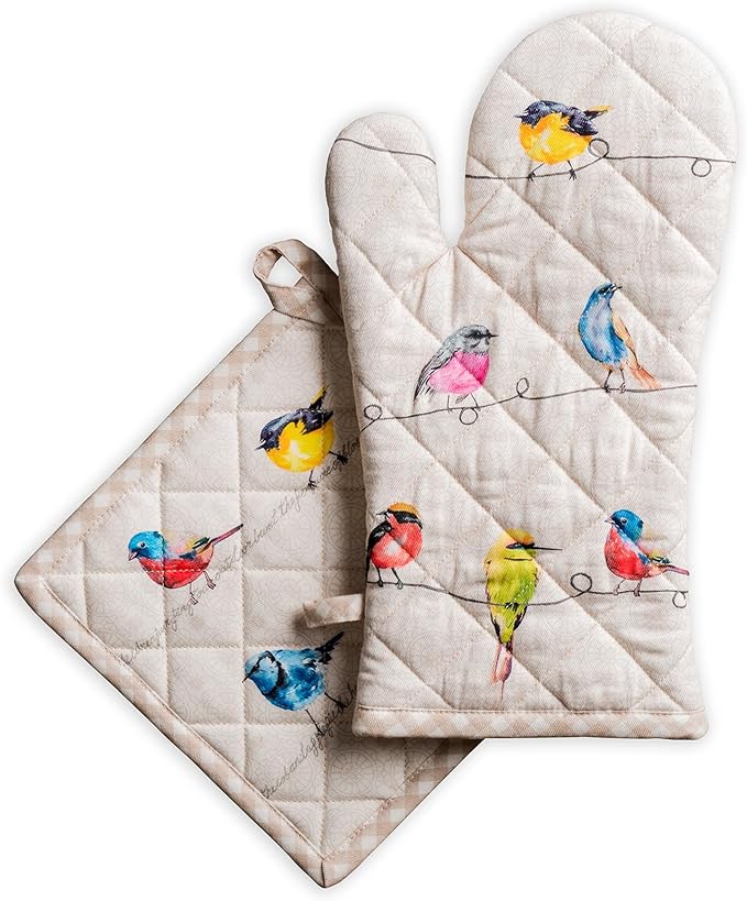 Maison d' Hermine 100% Cotton Oven Mitt & Pot Holder Set (7.5"x13" & 8"x8") Heat Resistant Cooking Gloves with Loop Baking Grilling Kitchen Gifts for Mothers Day Spring/Summer (Birdies on Wire)