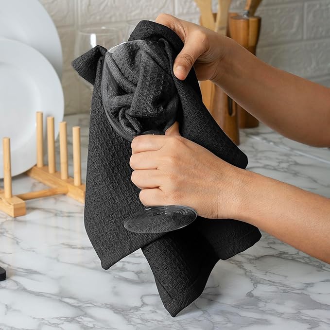 Blue Needles Waffle Weave Kitchen Towels, 15x25 Inches 100% Cotton Set of 6 Dish Cloths for Kitchen, Ultra Soft & Absorbent with Hanging Loop, Dish Rags for Quick Drying, Assorted - Black