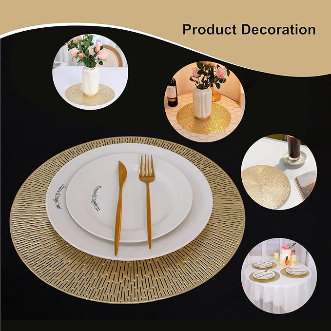 Snowkingdom Gold Placemats Round Set of 8, Gold Metallic Hollow Vinyl 15 Inch Round Placemat, Washable Wipeable Easy Clean Non Slip Stain Kitchen Dining Table Place Mats for Wedding Party Decoration