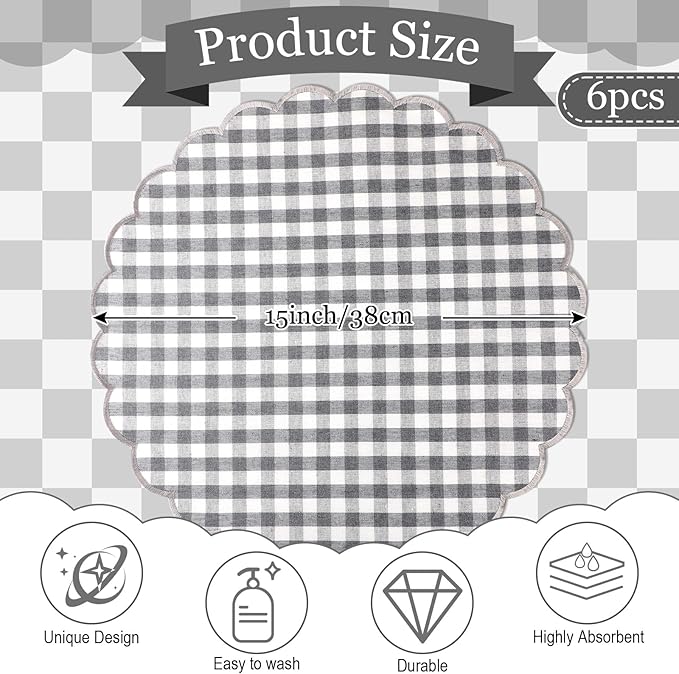 Set of 6 Round Placemats 15 Inch Cotton Scalloped Embroidery Placemat Washable Double Layered Rustic Dinner Table Mat Decor Fabric for Hotel Restaurant Kitchen(Grey,Plaid)