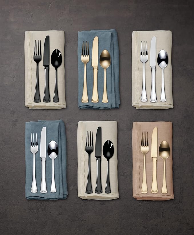 Lenox Silverware Set For 12, Portola Gold 20-Piece Flatware Set, Service For 4, Dishwasher Safe 18/10 Stainless Steel Silverware, Elegant Gold Satin Finish, Knives Spoons and Forks (Golden 20 Piece)