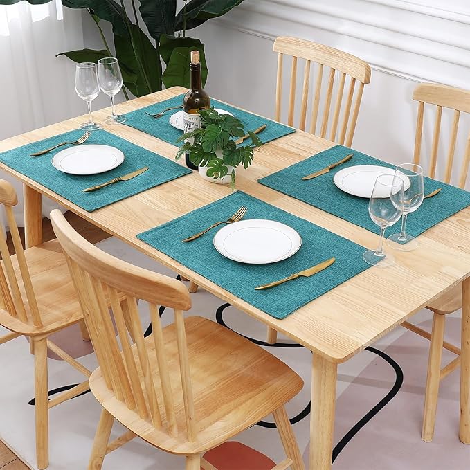 homing Cotton Linen Placemats Set of 6, Cloth Washable Farmhouse Dining Table Mats for Indoors & Outdoors, Easy to Clean, Teal, 13 x 19 Inch