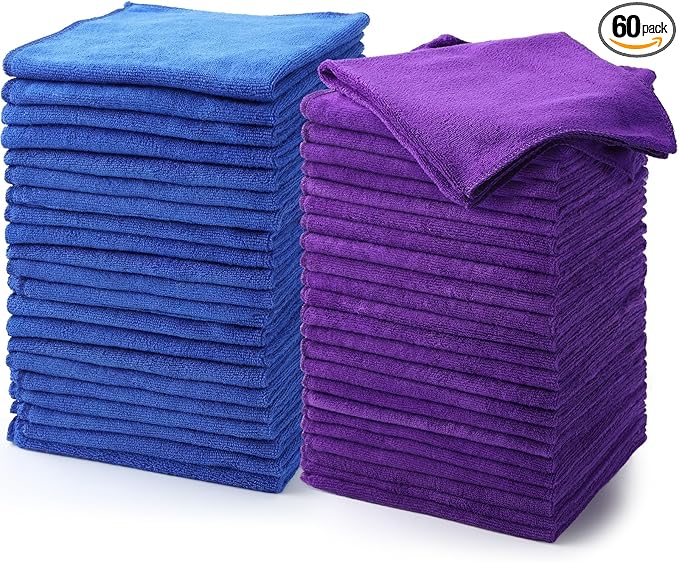 Nuenen 60 Pcs Microfiber Cleaning Cloths for Cars 16 x 16 Inch Ultra Absorbent Car Towels Drying Reusable Cleaning Supplies House Kitchen Window Microfiber Towel (Purple,Blue)