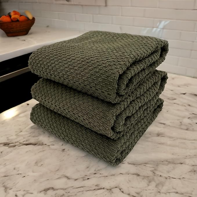 Serafina Home Olive Green Kitchen Hand Dish Towels: Oversized 28" x 18",100% Cotton Cloth Soft Cleaning Drying Absorbent Ribbed Design, Set of 3 Multipurpose for Everyday Use (Olive Textured)