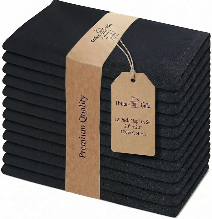 Urban Villa Cloth Napkins Set of 12 20x20 Inches 100% Cotton Napkins Cloth Washable Durable Reusable Absorbent Table Dinner Napkins Cloth for Christmas Hotel Lunch Restaurant Weddings Parties - Black