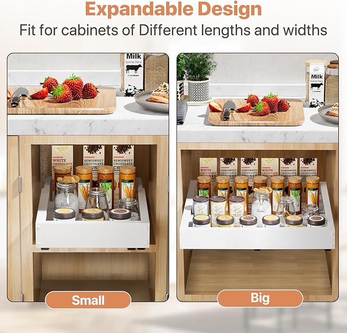 1 Pack Pull out Cabinet Organizer, Width (12"-19") Depth (17"-23"), with 3 Rails Adjustable Slide, Expandable Pullout Drawers for Cabinets, No Drill Adhesive Kitchen Drawers for Pantry Shelves