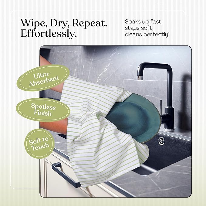 Lemon Green Stripe Kitchen Towels (5 Pack), 100% Cotton, Classic Striped, Super Absorbent & Durable Dish Cloths, Quick Dry Towel Set for Drying Dishes, Everyday Kitchen Cleaning