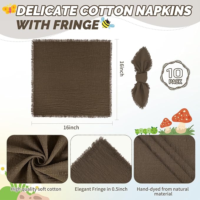 Showgeous 10 Pack Brown Cloth Napkins with Fringe 16x16 inch 100% Cotton Brown Napkins Handmade Dinner Napkins Bulk Washable Soft Rustic Table Napkins for Wedding Parties Bridal Baby Shower