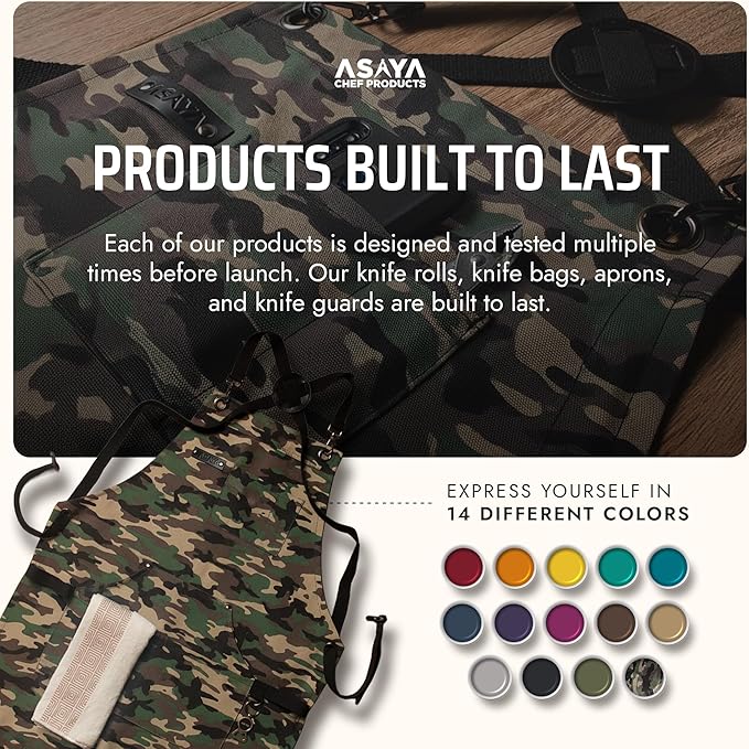 Asaya Chef and BBQ Apron with Bottle Opener and Hand Towel - 10oz Cotton Canvas, Stainless Steel Hardware - Cross Back Straps