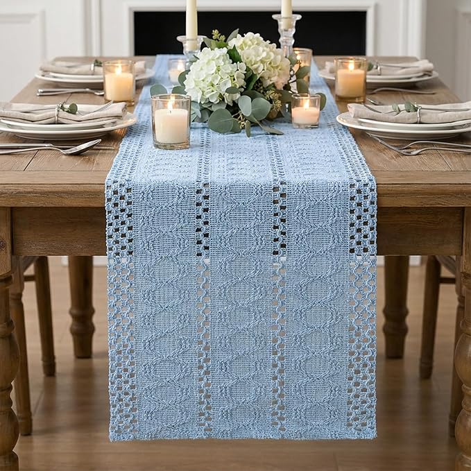 Artoid Mode Sky Blue Farmhouse Woven Rustic Hollow Table Runner, Seasonal Holiday Hollow Kitchen Dining Table Decoration for Home Party Decor 12x90 Inch