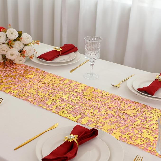 Snowkingdom 2Pcs Gold Table Runner, 11×108 Inch Red and Gold Sequin Glitter Foil Metallic Thin Mesh Table Runner, Sparkle Centerpiece for Wedding Party Birthday Holiday Kitchen Dinner Decoration