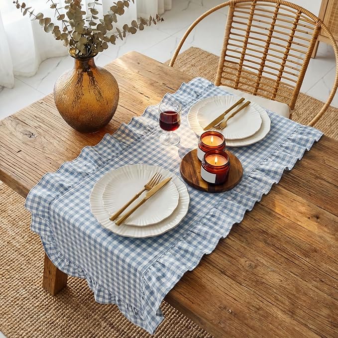 HunnmingRe 1 Pcs Blue Plaid Gingham Ruffle Table Runner 118 x 13.8'' Farmhouse Easter Table Runner 100% Cotton Scalloped Long Dresser Scarves for Dining Room, Wedding, Kitchen Rustic Home Decor
