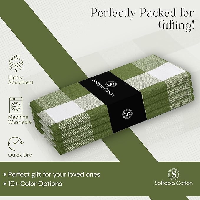 Mint Green Buffalo Plaid Cloth Napkins 4 Pack, 16x16 Inches, 100% Cotton, Washable Checked Table Linen, Rustic Farmhouse Decor for Family Dinner, Easter Brunch, Spring Family Meals