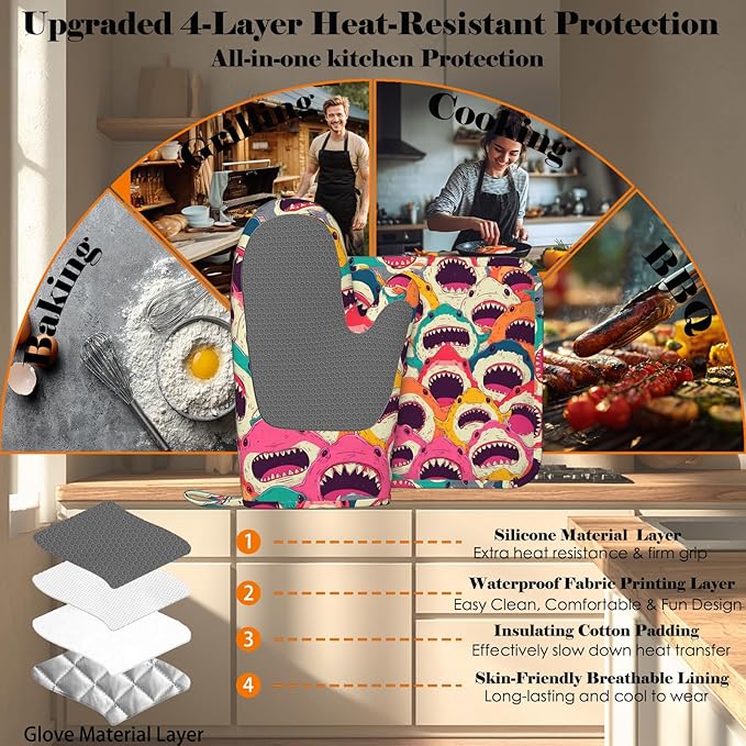 Colorful Shark Oven Mitts and Pot Holders Sets Angry Sharks Non-Slip Silicone Surface for BBQ Gloves,Kitchen,Cooking,Baking,Grilling