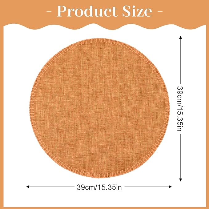 Round Placemats Set of 6, 15 Inch Linen Fabric Table Placemats, Heat Resistant, Wrinkle Free Washable Placemats Kitchen Place Mats Set of 6 for Dining Table Party Table (Orange, 6)