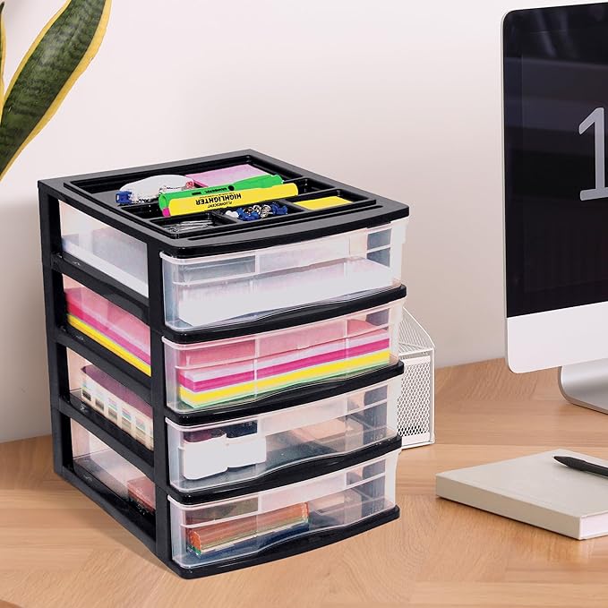 Gracious Living 4 Drawer Desktop & Countertop Organizer w/Organization Lid for Craft Storage, Office Supplies & School Supplies, Black/Clear (2 Pack)