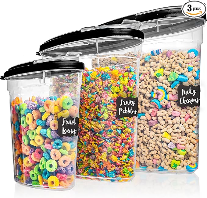 Shazo 3 PC Cereal Container Storage Set (5.2L, 2.8L, 1.2L) - Large Airtight Food Storage Containers with Flip-Top Lids, BPA-Free Plastic Cereal Dispenser for Pantry, Rice, Flour, Sugar & Pasta